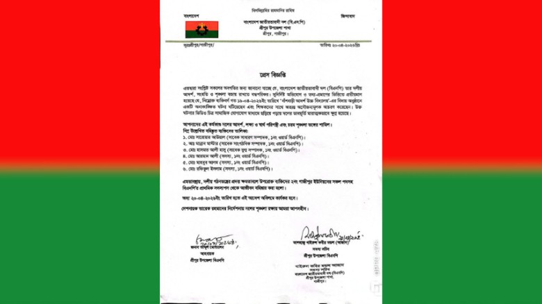 শ্রীপুরে বিএনপির ৬ নেতা আজীবন বহিষ্কার