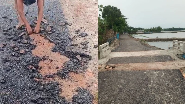 কয়রায় নিম্নমানের সড়ক নির্মাণ: কাজ বন্ধ করে দিল জনতা